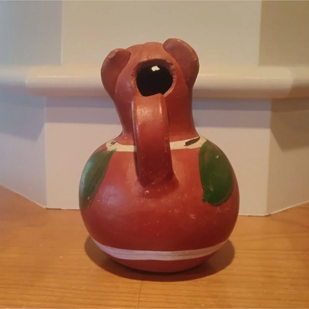Vintage Mexican Terracotta Folk Art Dog Pitcher Hand Painted Redware Clay 5 1/2" - Picture 6 of 8